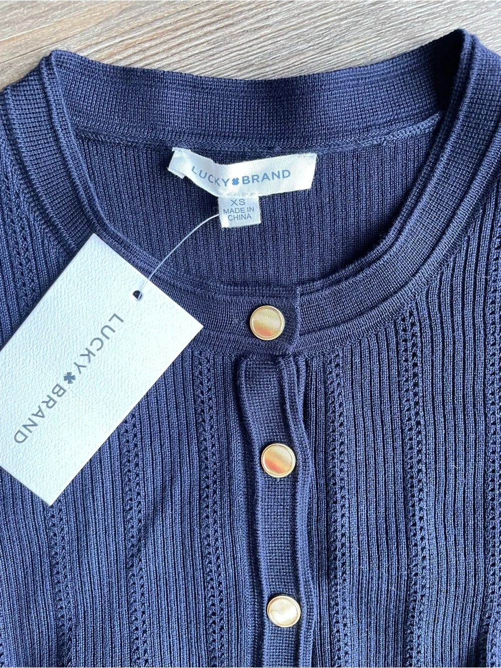 Lucky Brand Ribbed Knit Midi Dress XS Navy Gold Button Nautical Tie Belt NWT